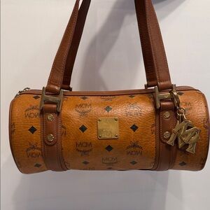 MCM Cognac Visetos Barrel Shoulder Bag with Gold Hardware